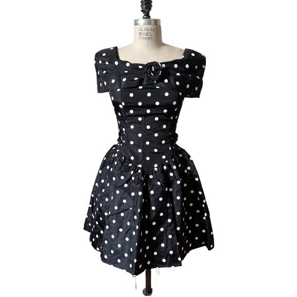 Vintage 90s Black & White Polka Dot Formal Party Dress Size Medium - Picture 1 of 7